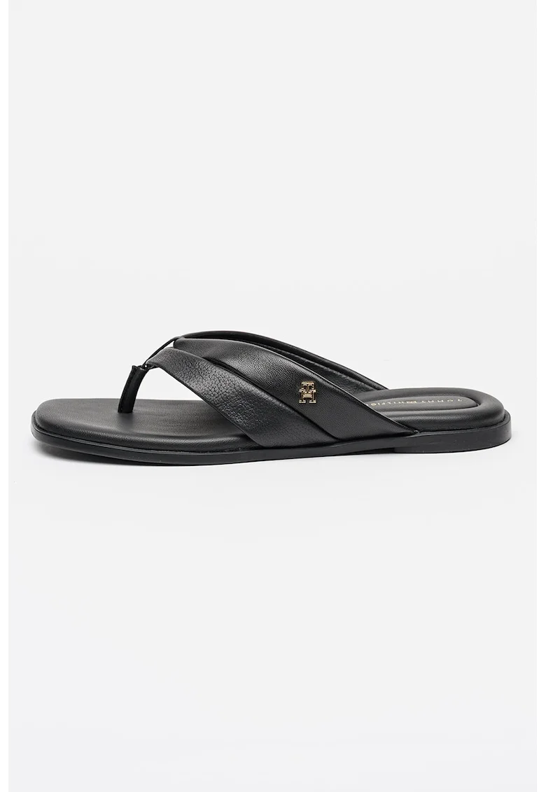 Papuci flip-flop din piele cu logo, Negru