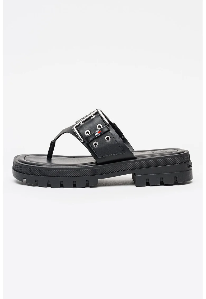 Papuci flip-flop de piele ecologica cu catarama, Negru/Argintiu