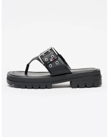 Papuci flip-flop de piele ecologica cu catarama, Negru/Argintiu