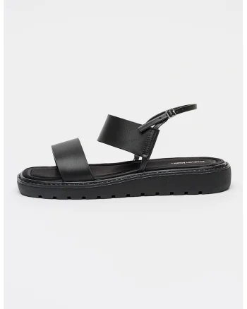 Sandale de piele si piele ecologica cu bareta subtire pe glezna, Negru