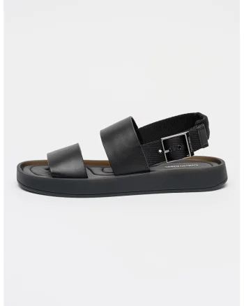 Sandale de piele cu talpa plata si catarama, Negru