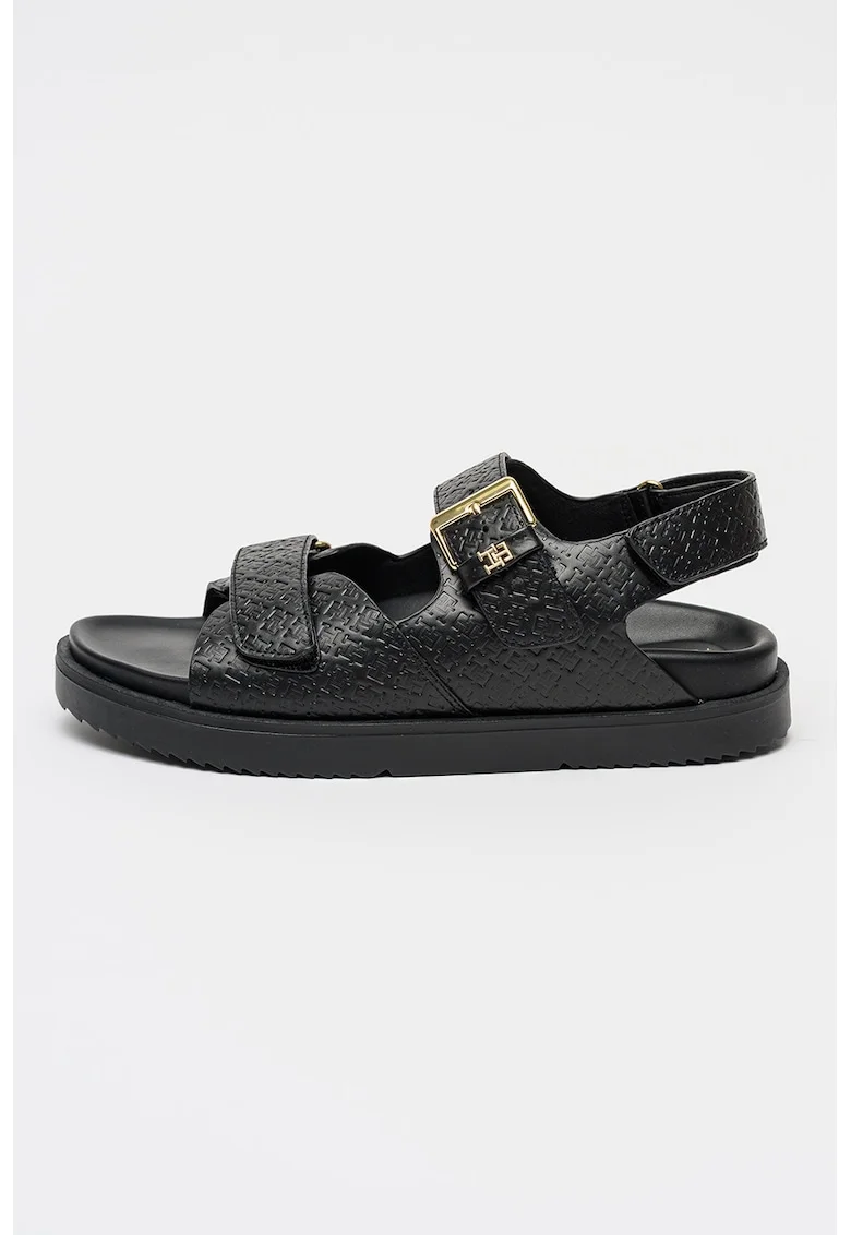 Sandale din piele cu model logo stantat, Auriu/Negru