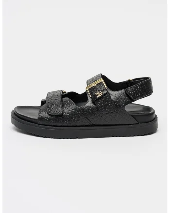 Sandale din piele cu model logo stantat, Auriu/Negru
