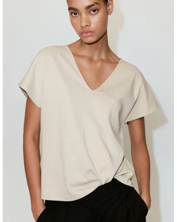 Tricou cu decolteu in V, Alb fildes