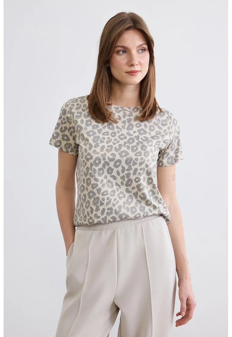 Tricou din bumbac cu animal print, Maro taupe deschis/Bleumarin