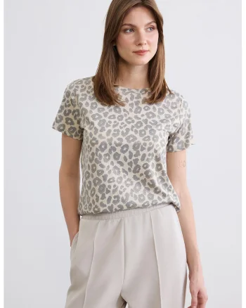 Tricou din bumbac cu animal print, Maro taupe deschis/Bleumarin
