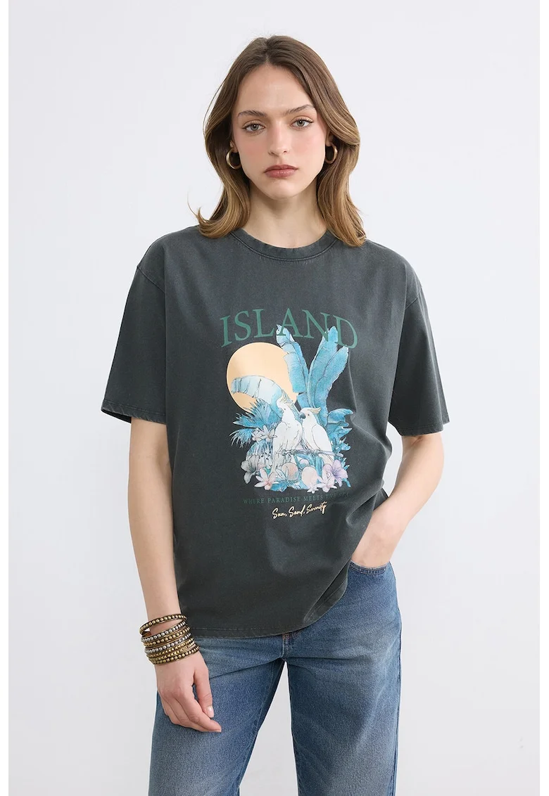 Tricou din bumbac cu imprimeu grafic si text, Portocaliu/Albastru/Gri antracit