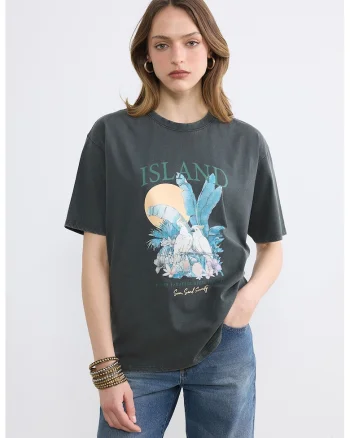 Tricou din bumbac cu imprimeu grafic si text, Portocaliu/Albastru/Gri antracit