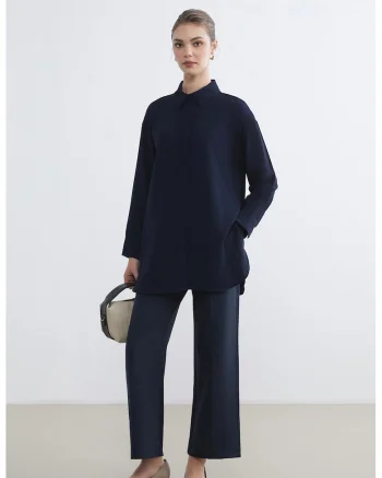 Pantaloni de trening cu croiala evazata si talie inalta, Bleumarin