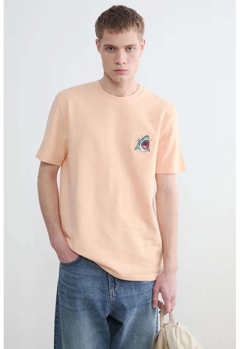 Tricou regular-fit cu detaliu brodat pe piept, Portocaliu pal