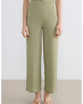 Pantaloni texturati cu croiala ampla si talie elastica, Verde stins