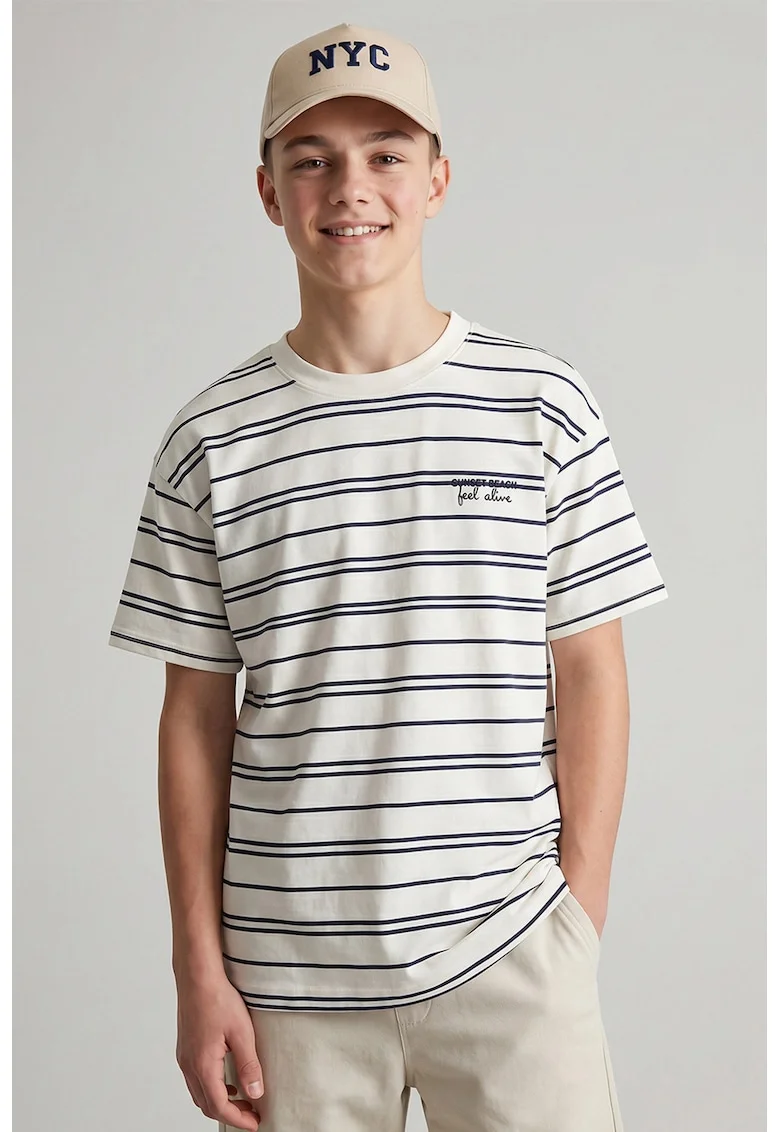 Tricou din bumbac cu dungi, Alb/Bleumarin