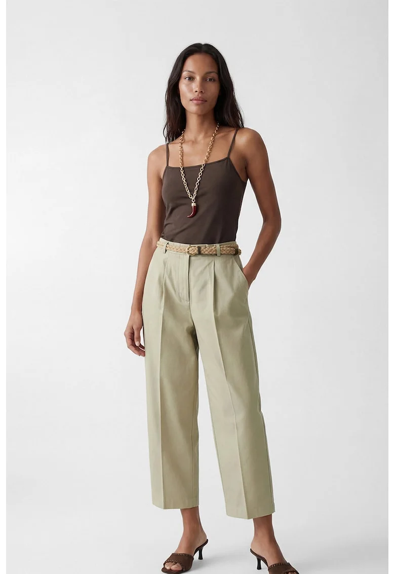 Pantaloni crop cu croiala ampla si curea cu aspect impletit in talie, Kaki deschis