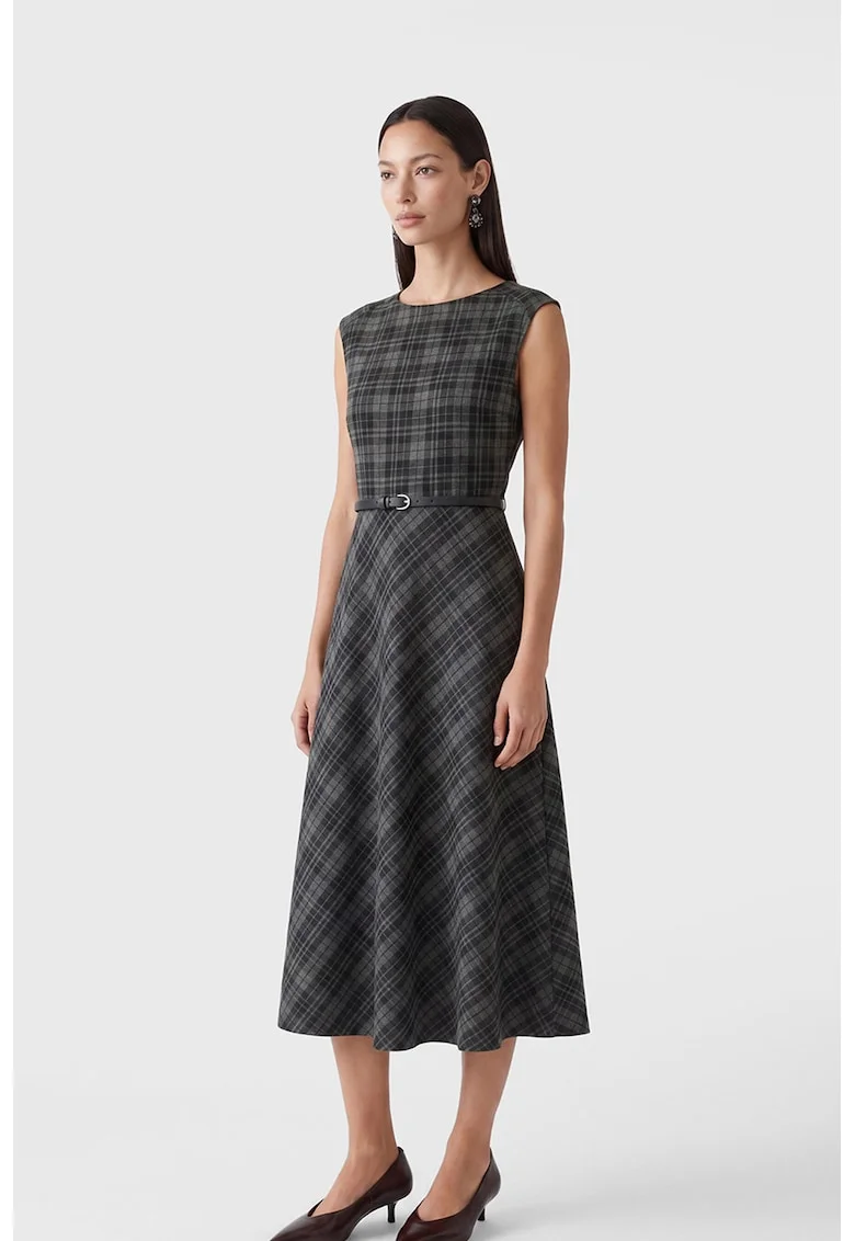 Rochie cu model in carouri, fara maneci, Negru/Gri inchis