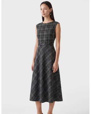 Rochie cu model in carouri, fara maneci, Negru/Gri inchis