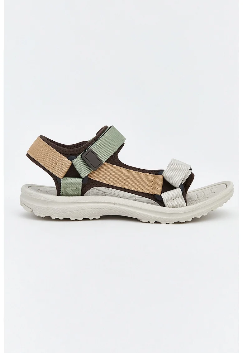 Sandale cu model colorblock si velcro, Bej/Verde deschis