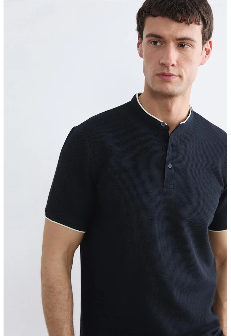 Tricou texturat cu fenta cu nasturi, Albastru ultramarin