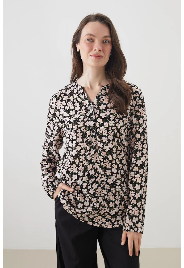 Bluza lejera cu imprimeu floral, Negru/Bej deschis