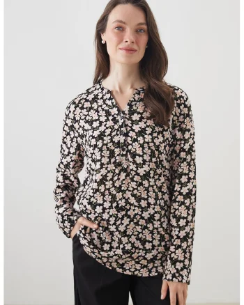 Bluza lejera cu imprimeu floral, Negru/Bej deschis