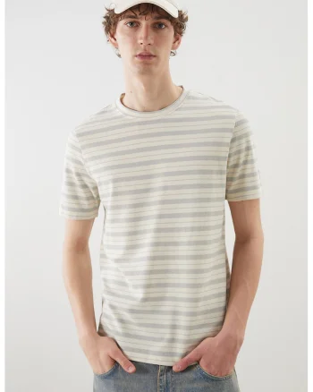 Tricou cu dungi si decolteu la baza gatului, Gri/Bej deschis