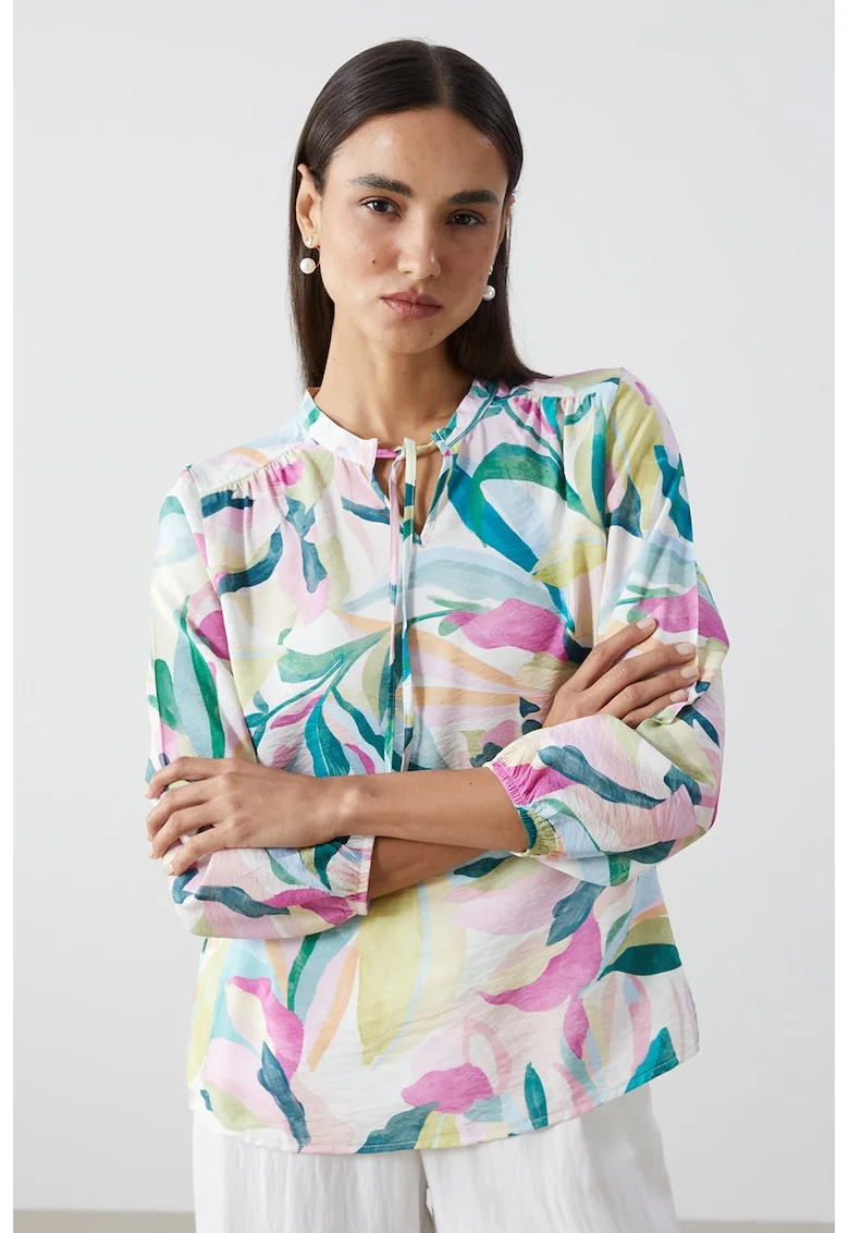 Bluza lejera cu model floral si prindere la decolteu, Multicolor