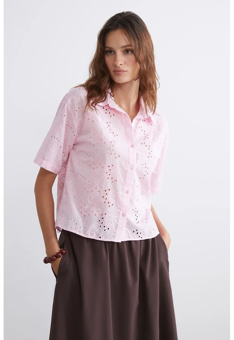 Camasa de bumbac cu broderie Sangallo, Roz
