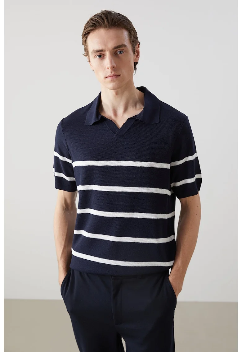 Tricou polo cu dungi, Alb/Bleumarin