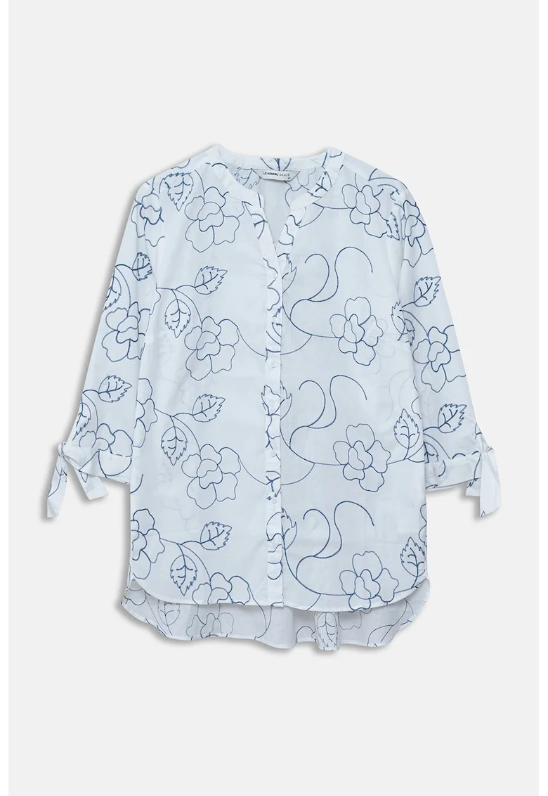 Camasa cu broderie florala si prindere la mansete, Albastru pastel