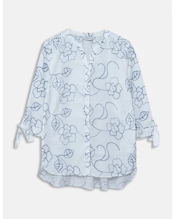 Camasa cu broderie florala si prindere la mansete, Albastru pastel