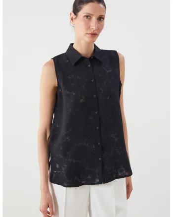 Camasa fara maneci cu dantela si model floral, Negru