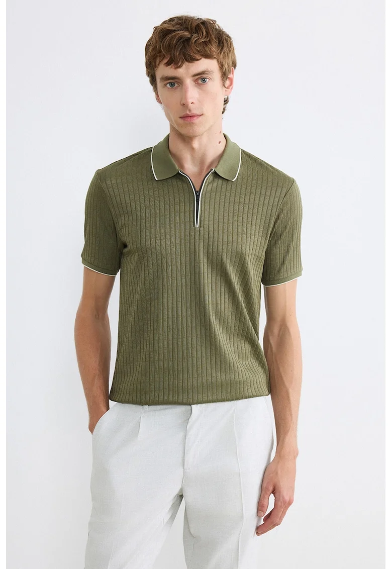 Tricou polo din tricot cu fenta scurta cu fermoar, Kaki inchis