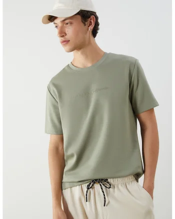 Tricou cu decolteu la baza gatului si imprimeu text, Kaki
