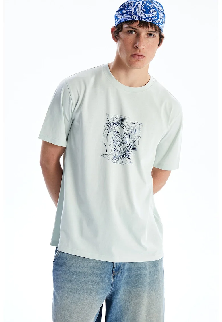 Tricou din bumbac cu imprimeu tropical, Verde deschis/Bleumarin