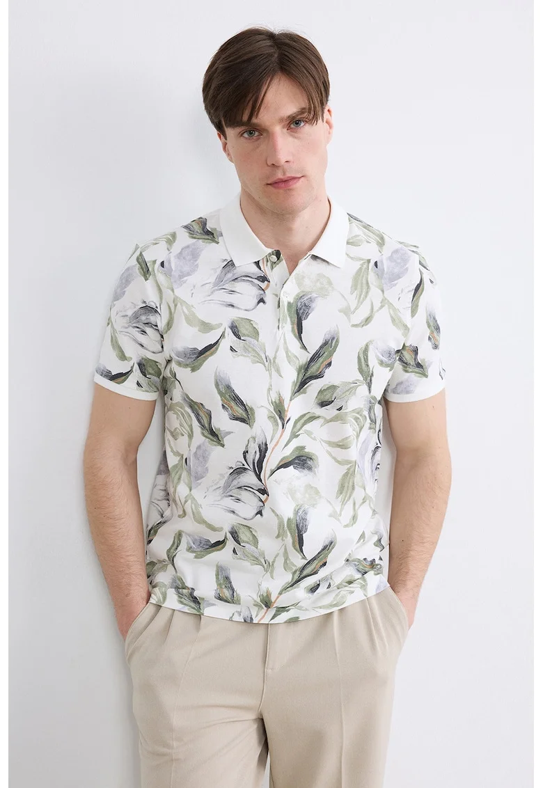 Triocu polo cu model floral, Alb/Verde/Albastru