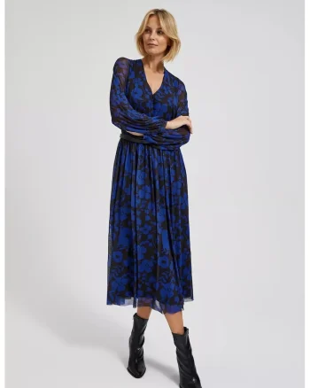 Rochie albastra cu imprimeu floral si curea, Albastru