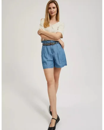 Shorts albastre cu talie incretita si curea, Albastru