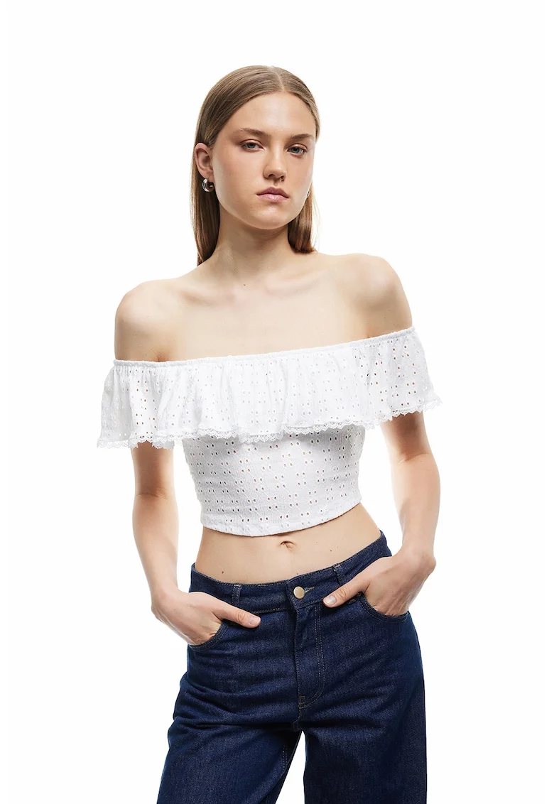 Bluza crop cu decolteu pe umeri, Alb murdar