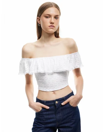 Bluza crop cu decolteu pe umeri, Alb murdar