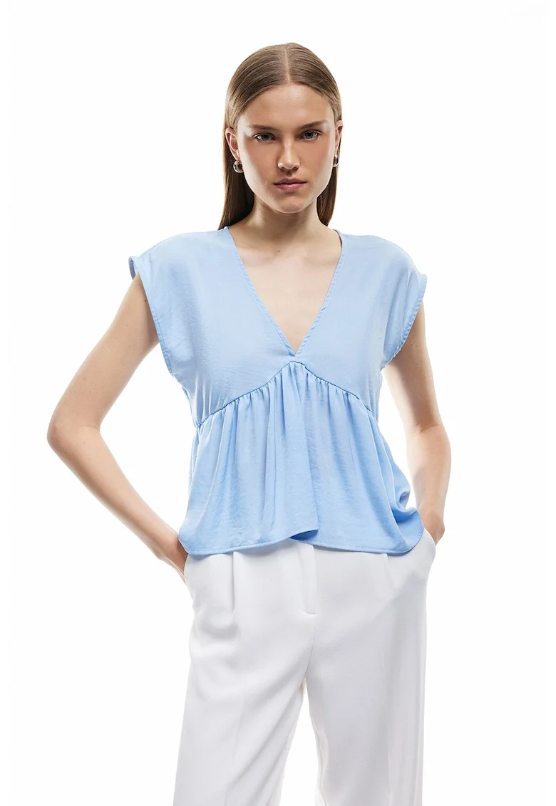Bluza evazata cu decolteu in V, Albastru azur