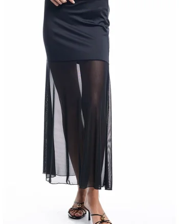 Fusta midi cu segment transparent, Negru stins
