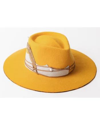 Palarie unisex din lana cu garnitura de piele si detaliu cu pana, Galben