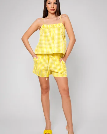Set Top cu bretele si Pantalon scurt Yellow White