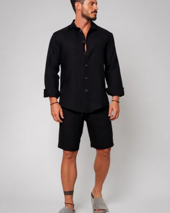 Set Lino din In 100% camasa si pantalon scurt Black