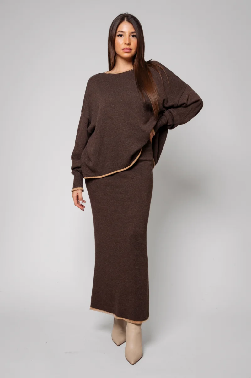 Set Sylvie cu fusta mix lana si casmir Chocolate