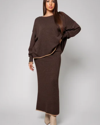 Set Sylvie cu fusta mix lana si casmir Chocolate
