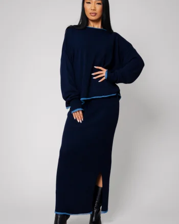 Set Sylvie cu fusta mix lana si casmir Navy