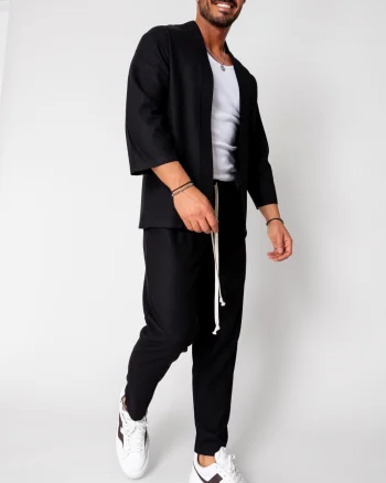 Set Tulum Jacheta tip kimono si pantalon lung Black