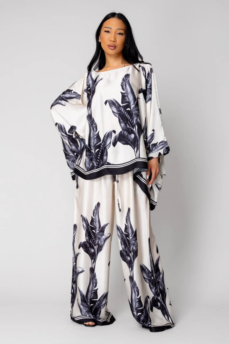 Set Shells Bluza si pantalon lung din mix matase Off White  Black