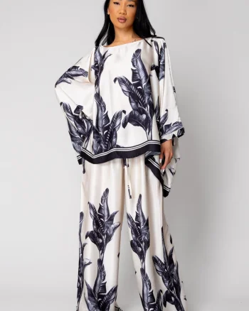 Set Shells Bluza si pantalon lung din mix matase Off White  Black