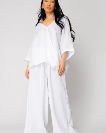 Set Olivia Bluza asimetrica si Pantalon lung din 100% in White